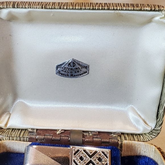 Vntg Sterling Cufflinks Tieclip Set Marcasite and Onyx Original Box - Picture 5 of 14